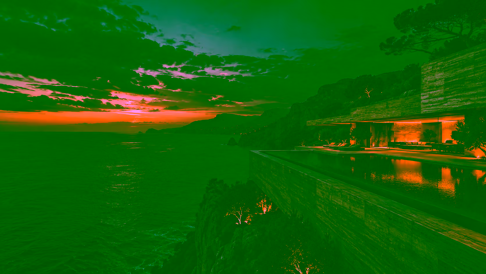 Original AUREL retreat concept: a glowing coastal villa above a dark ocean