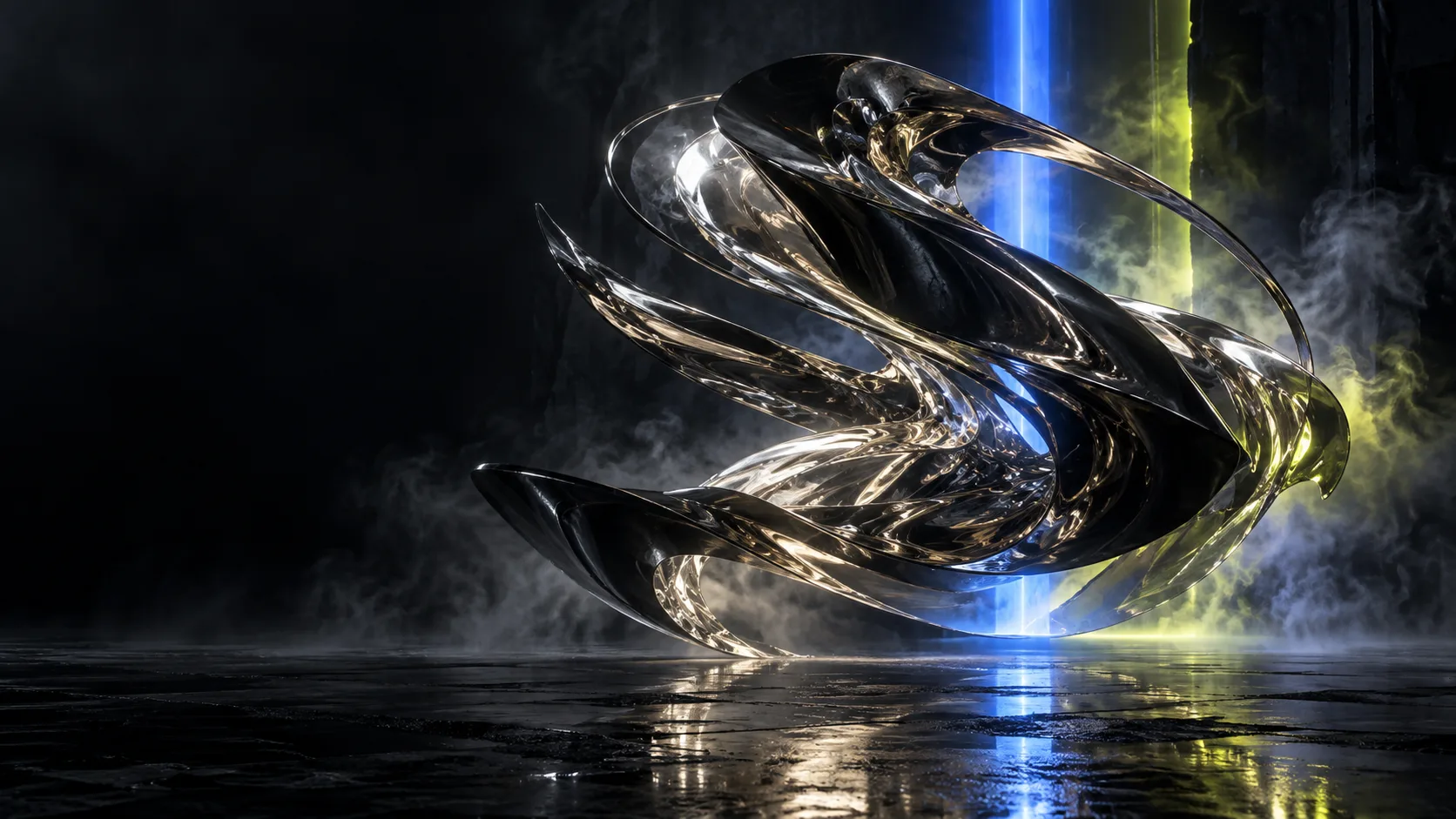 An original liquid-chrome sculpture cut by electric blue and lime light