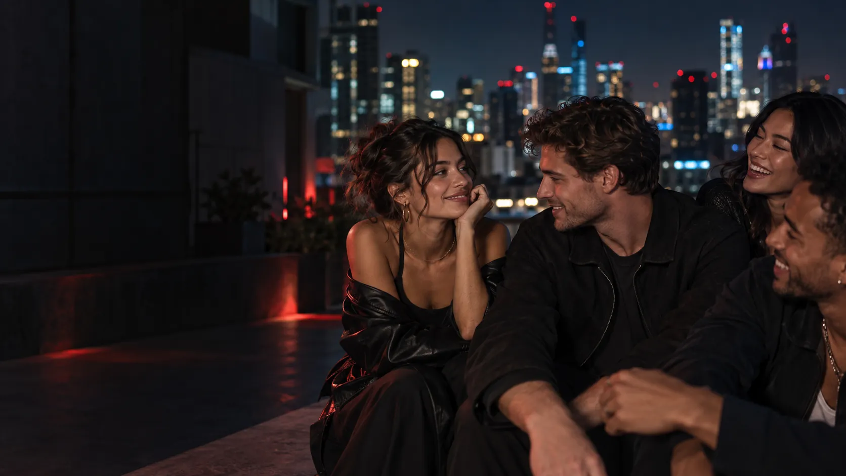 Editorial scene of adult friends connecting on a city rooftop after dark