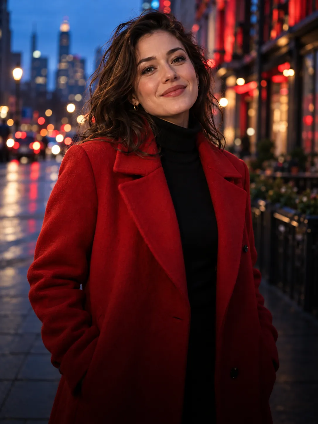 Editorial portrait of an adult woman in red and black in a vibrant city after dark