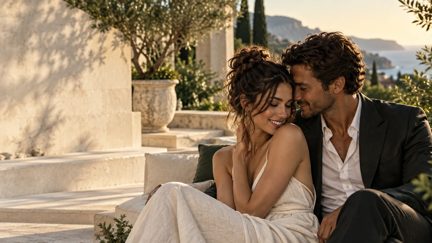 Editorial scene of an adult couple sharing a quiet moment on a limestone terrace