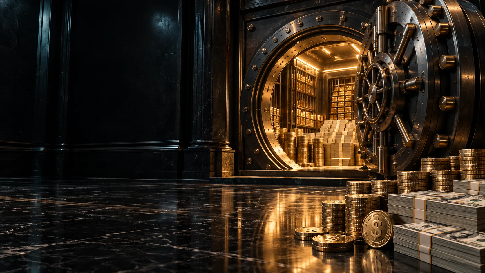 An open bronze and black-steel vault with currency and coin stacks in warm light