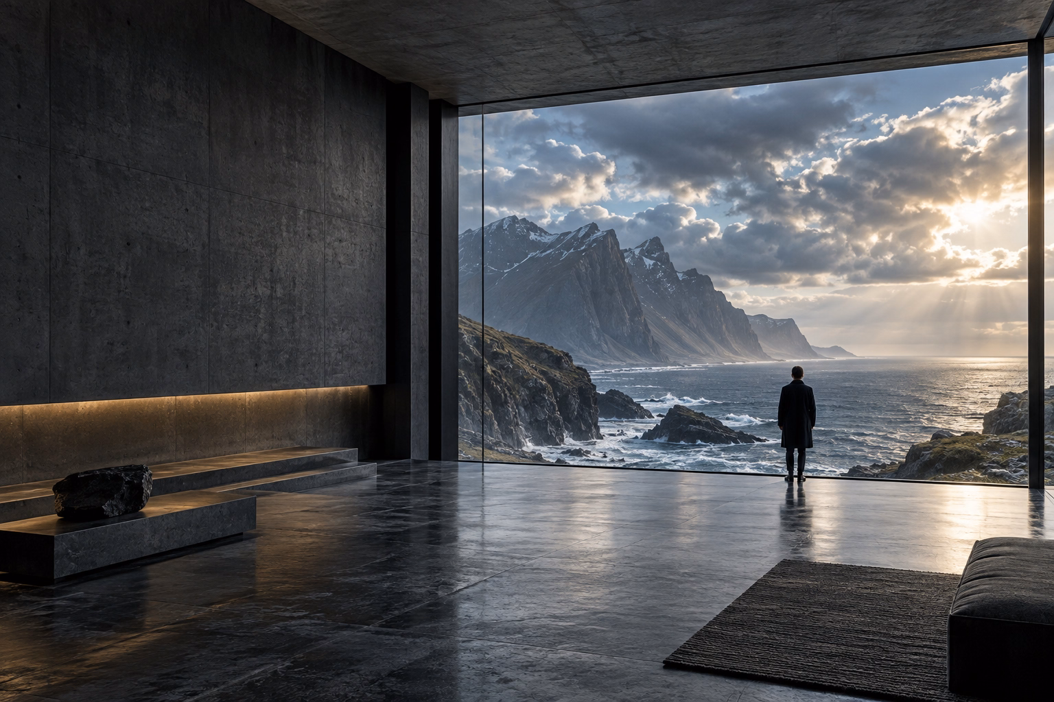 A visitor looking out from a dramatic glass pavilion over rugged ocean cliffs