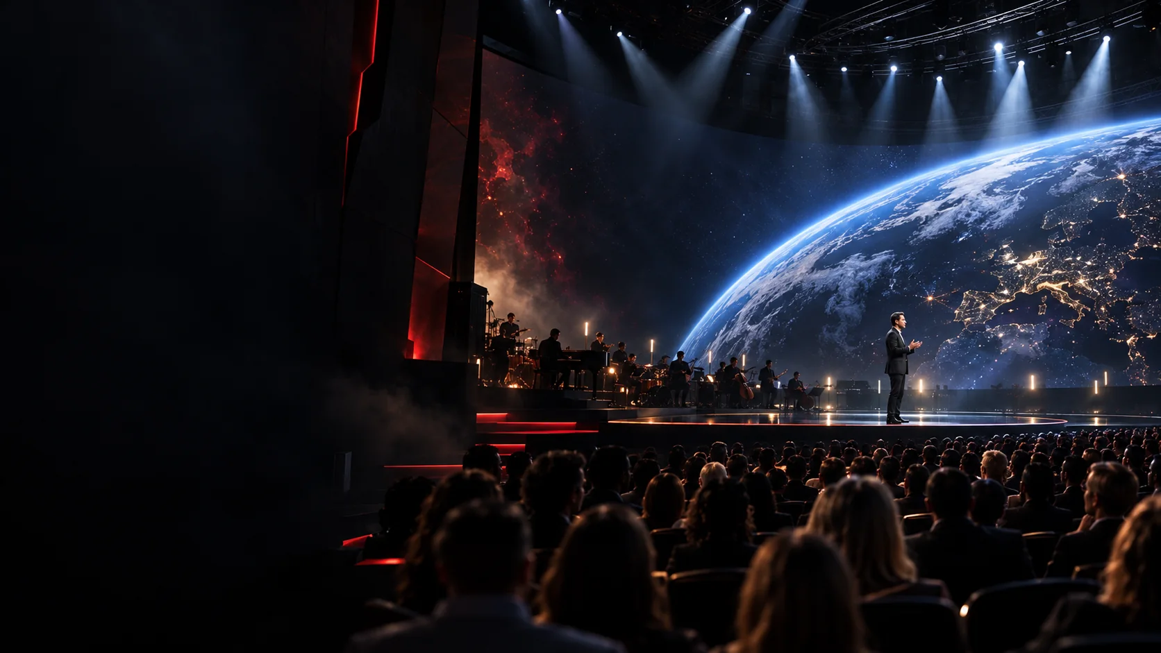 An audience beneath a monumental Earth stage — original STATIC LIVE campaign artwork