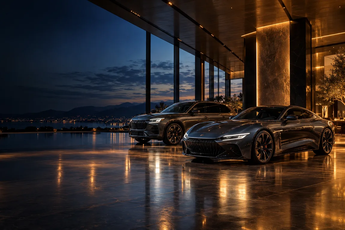 A premium automotive showroom with a coupe and SUV