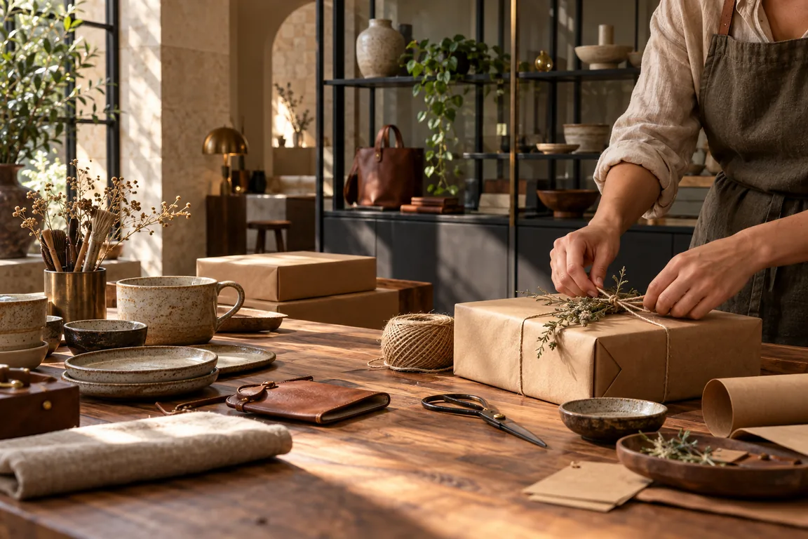 A maker preparing a parcel in a thoughtfully arranged studio