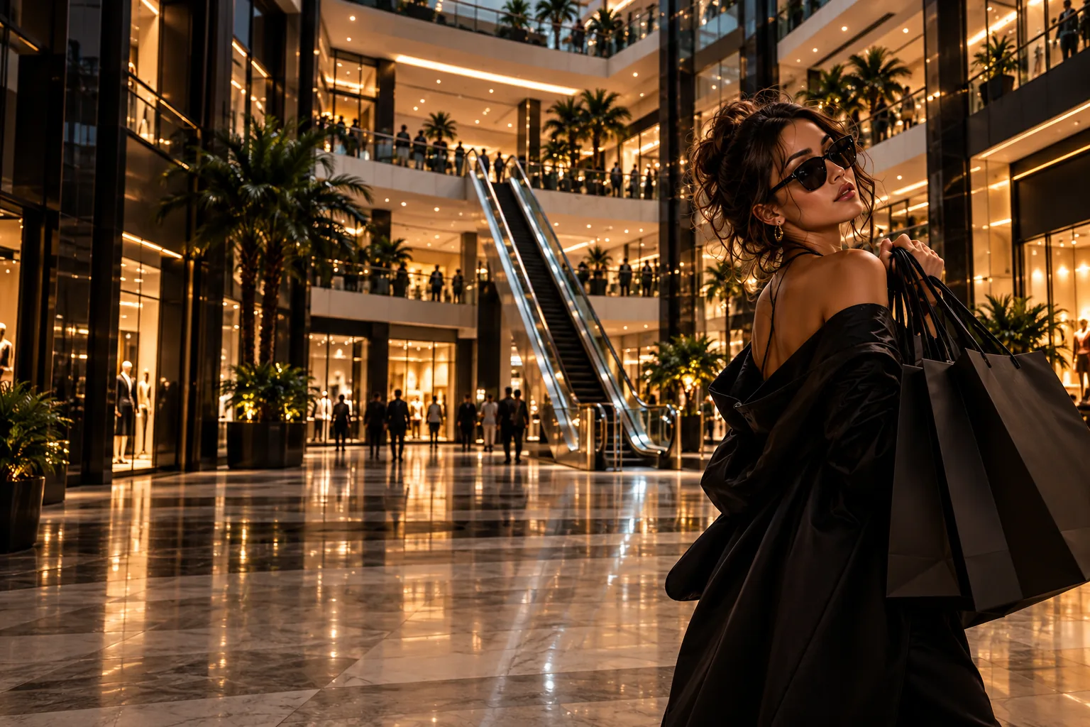 A warmly lit multilevel mall atrium with a shopper