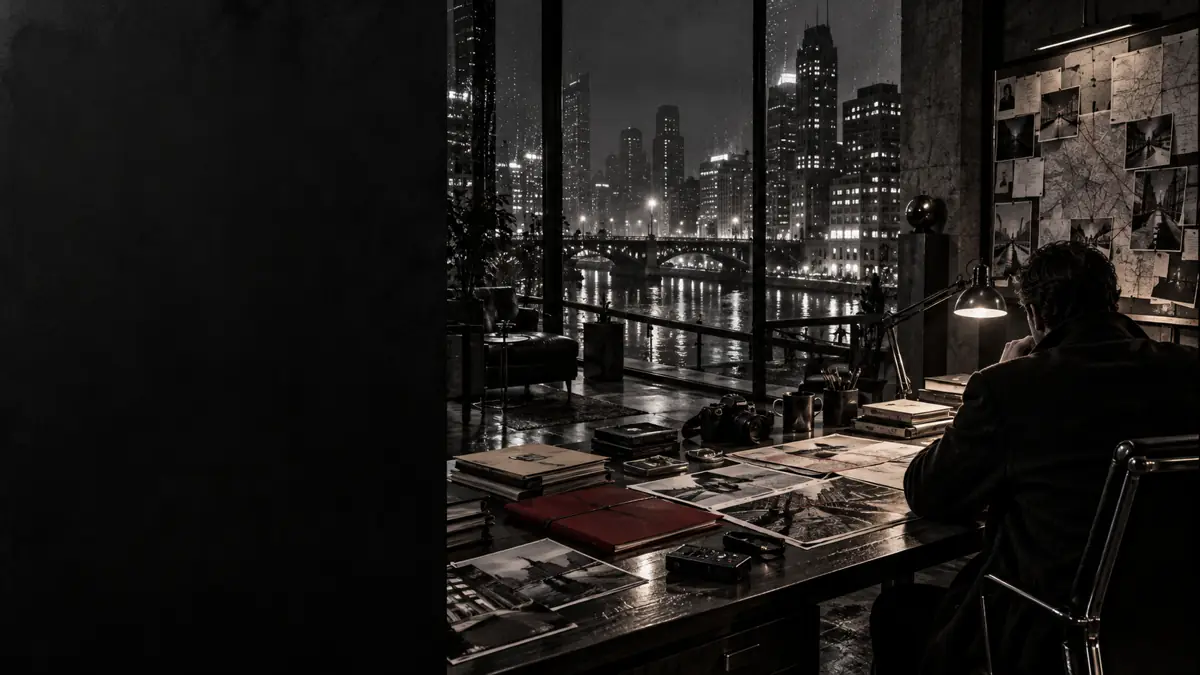 A noir investigator’s office above a rain-soaked city — original STATIC P.I. campaign artwork
