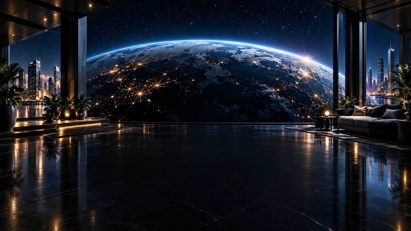 A cinematic black-glass observatory overlooking an illuminated Earth at blue hour