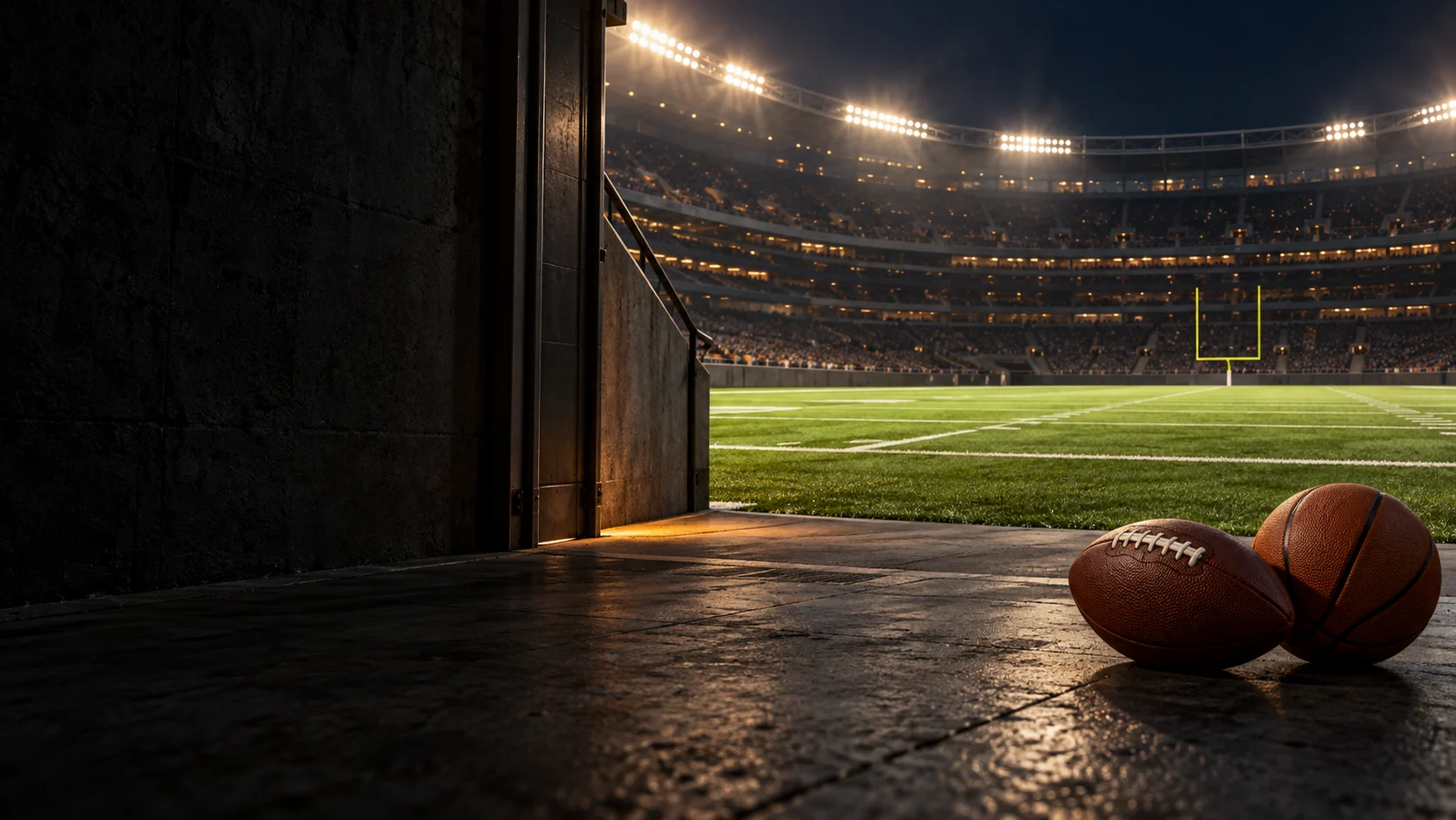An illuminated American football field seen from a dark stadium tunnel, with an unbranded football and basketball in the foreground