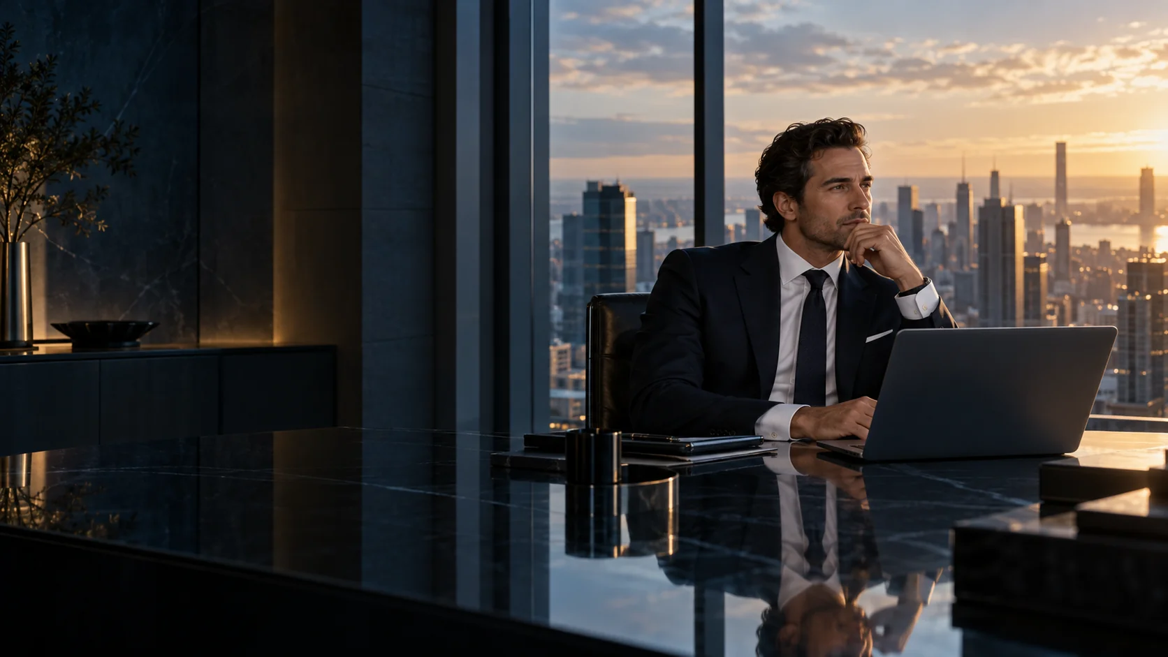 A professional considers his next career chapter in a city office.