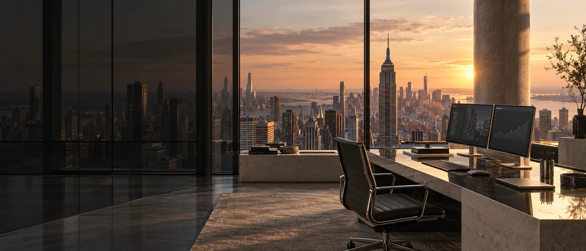A quiet glass workspace overlooking the city at sunset